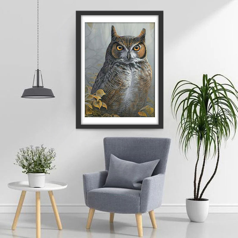 Een Grote Uil in de Bladstrooisellaag Diamond Painting