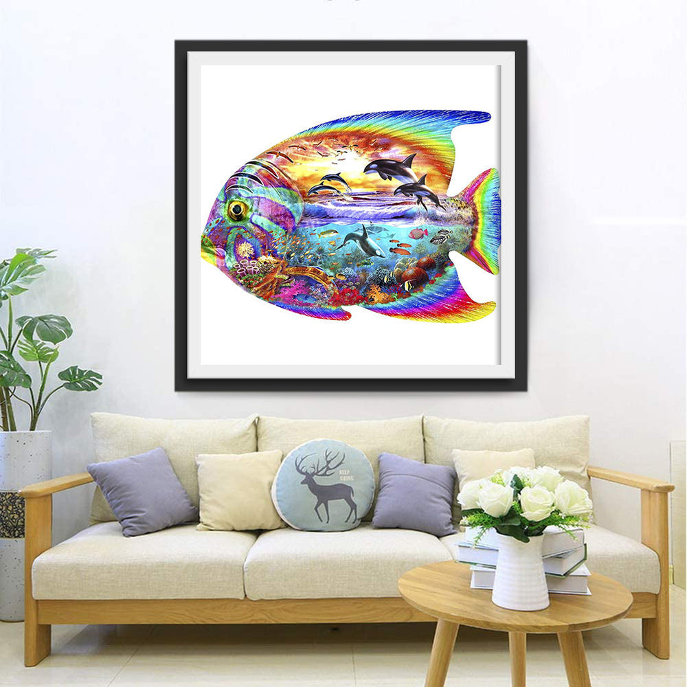 Een Grote Vis met Dolfijnen en Zeeleven in zijn Lichaam Diamond Painting