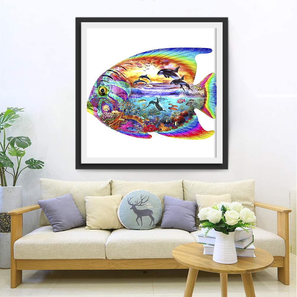 Een Grote Vis met Dolfijnen en Zeeleven in zijn Lichaam Diamond Painting