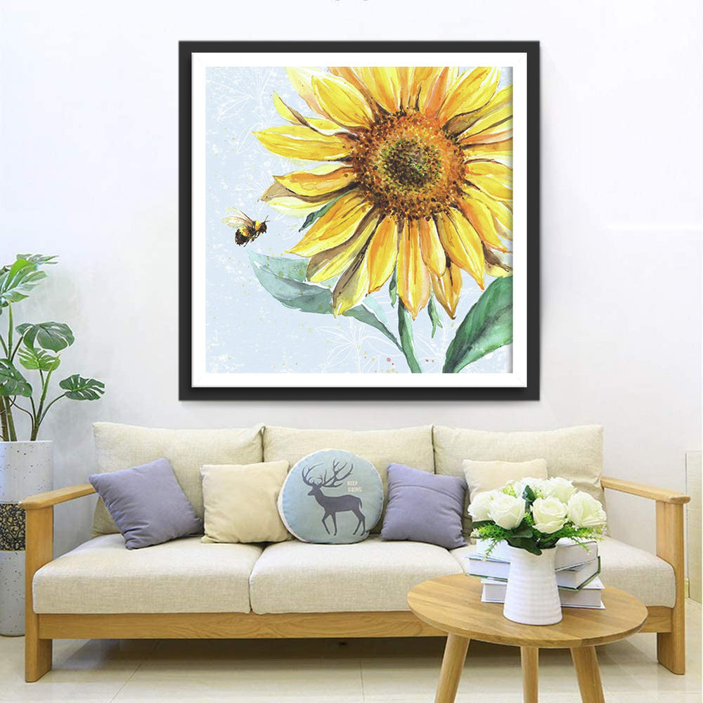 Een Grote Zonnebloem en een Bij Diamond Painting