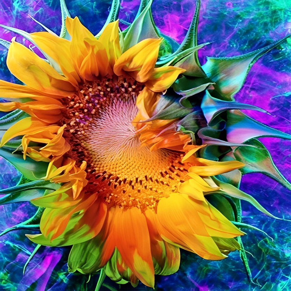 Een Grote Zonnebloem tegen een Groen-Paarse Achtergrond Diamond Painting