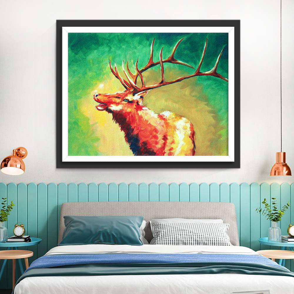 Een Hert op een Gele en Groene Achtergrond Diamond Painting