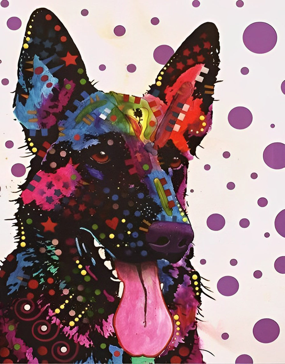 Een hond Bedekt met Graffiti tegen een Paarse Achtergrond met Stippen Diamond Painting