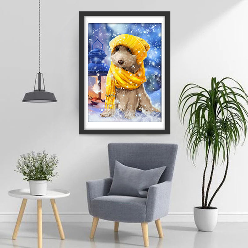 Een Hond met een Sjaal op een Besneeuwde Dag Diamond Painting