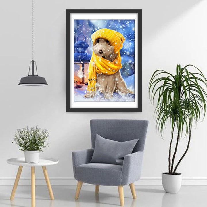 Een Hond met een Sjaal op een Besneeuwde Dag Diamond Painting