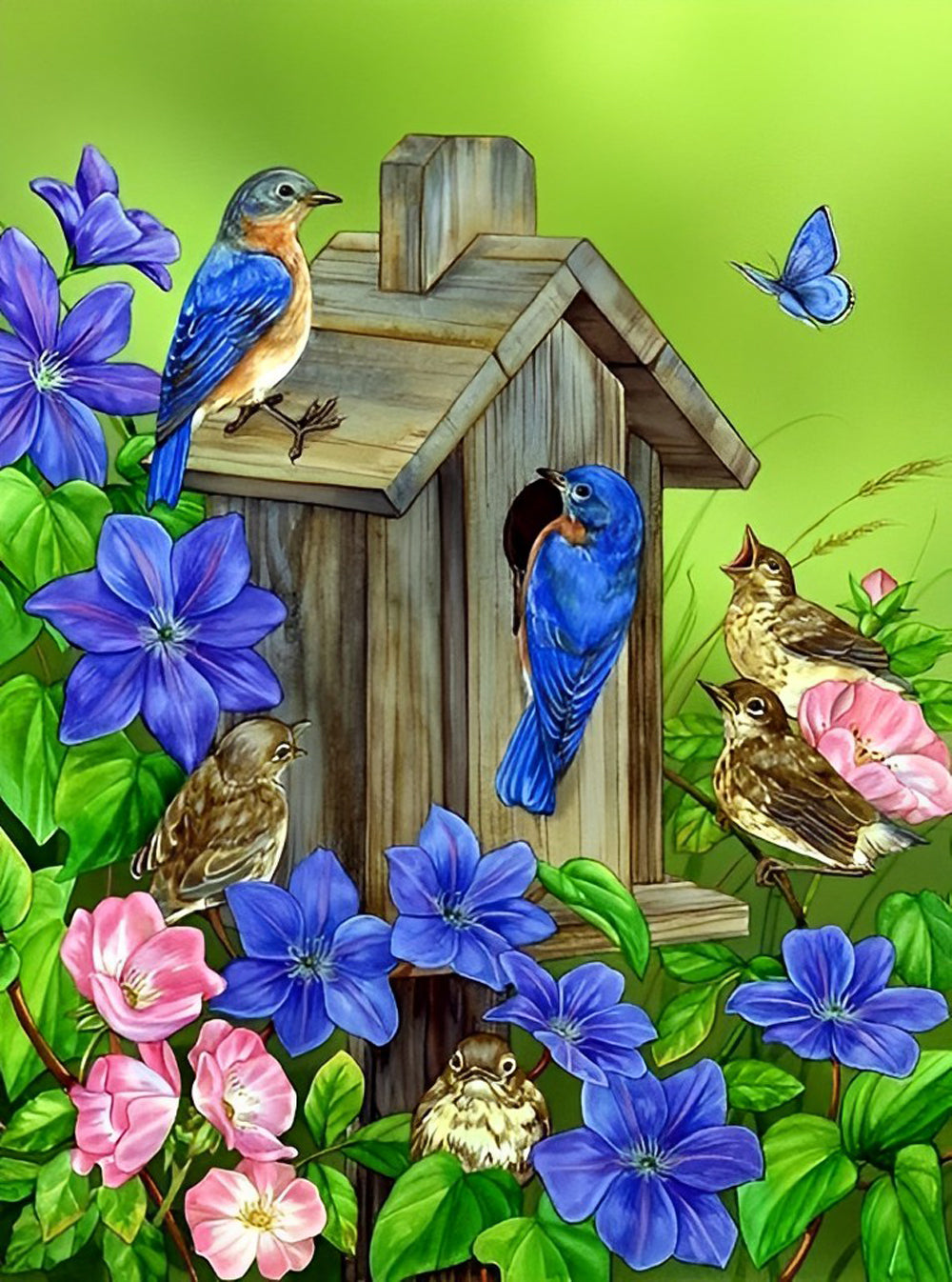 Een Houten Vogelhuisje met Vogels in de Bloemen Diamond Painting