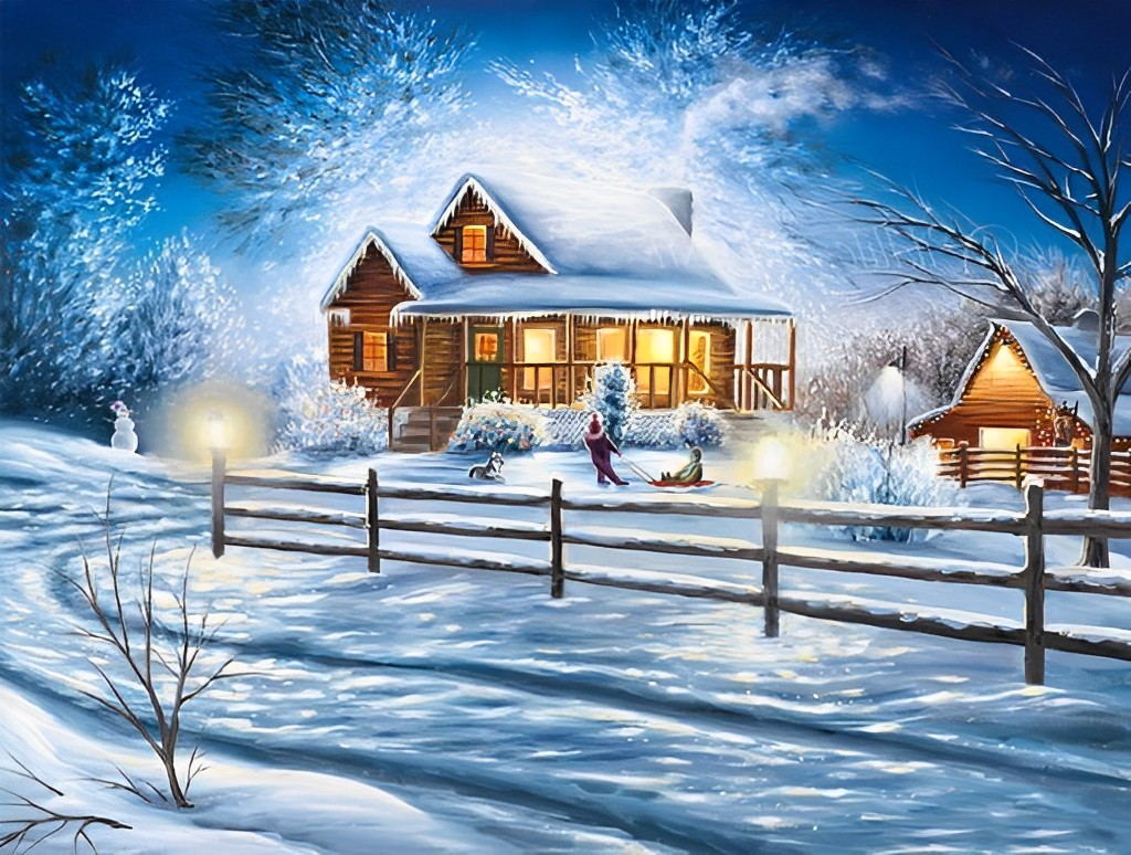 Een Hutje in de Sneeuw Diamond Painting