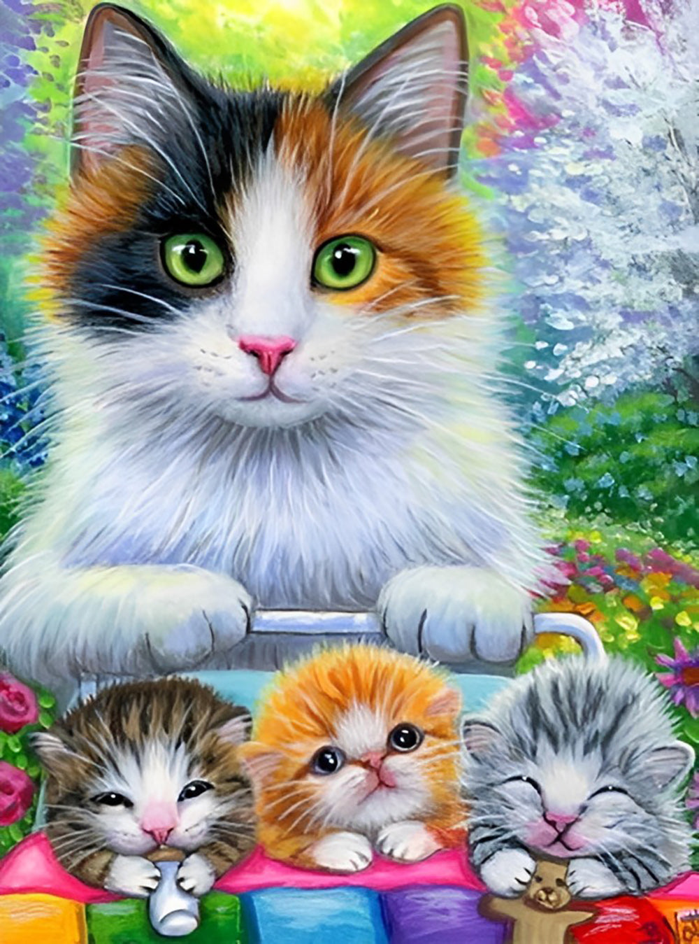 Een Kat duwt Drie Kittens Diamond Painting