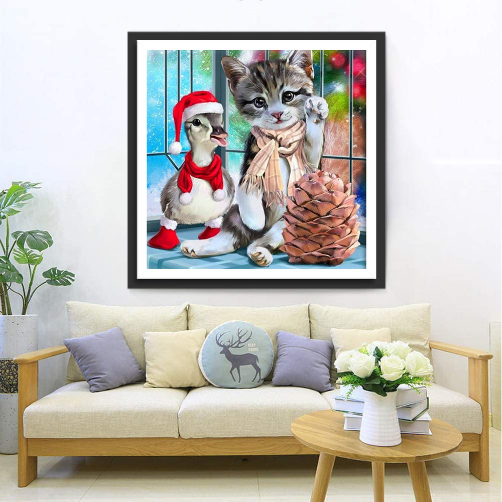 Een Kat en een met Kerstversiering Versierde Eend Diamond Painting