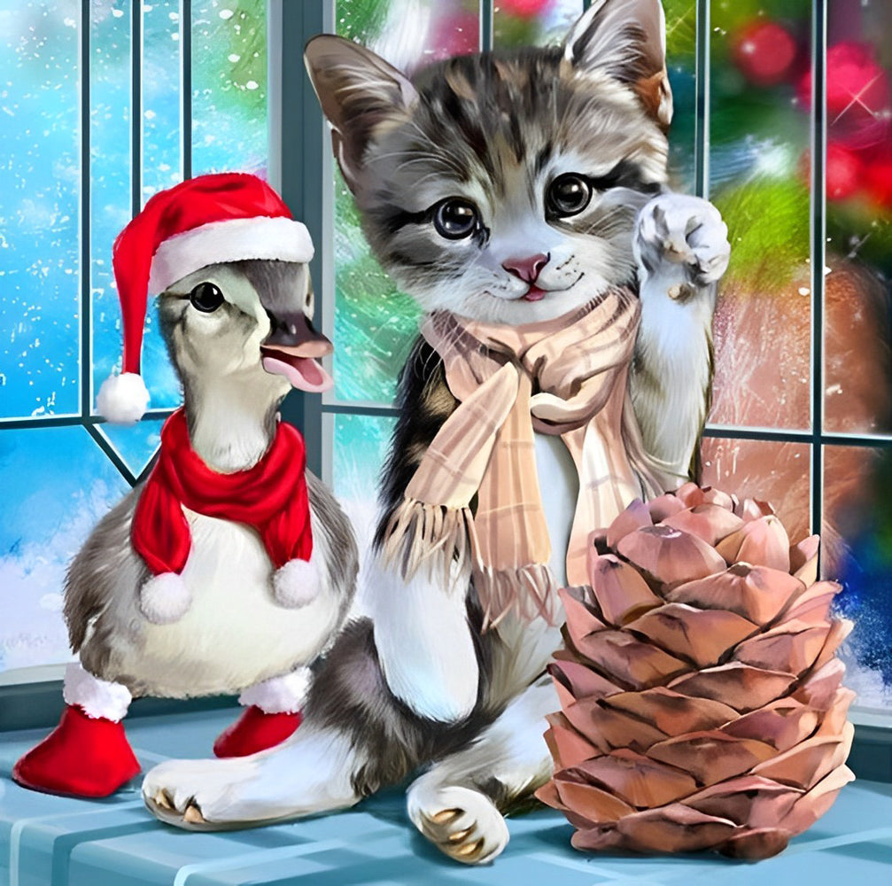 Een Kat en een met Kerstversiering Versierde Eend Diamond Painting