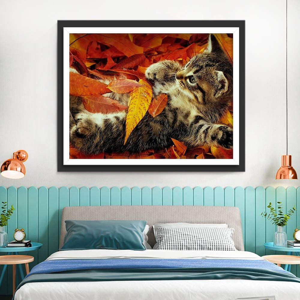 Een Kat in de Rode Bladeren Diamond Painting