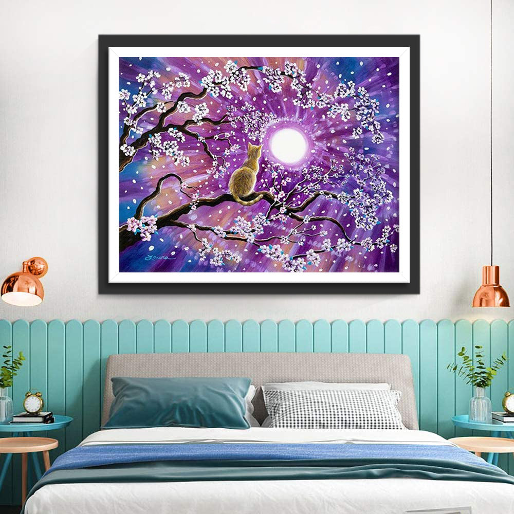 Een Kat in een Boom met Paarse en Witte Bloemen Diamond Painting