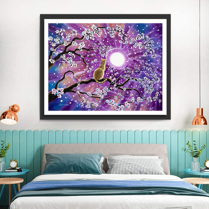 Een Kat in een Boom met Paarse en Witte Bloemen Diamond Painting