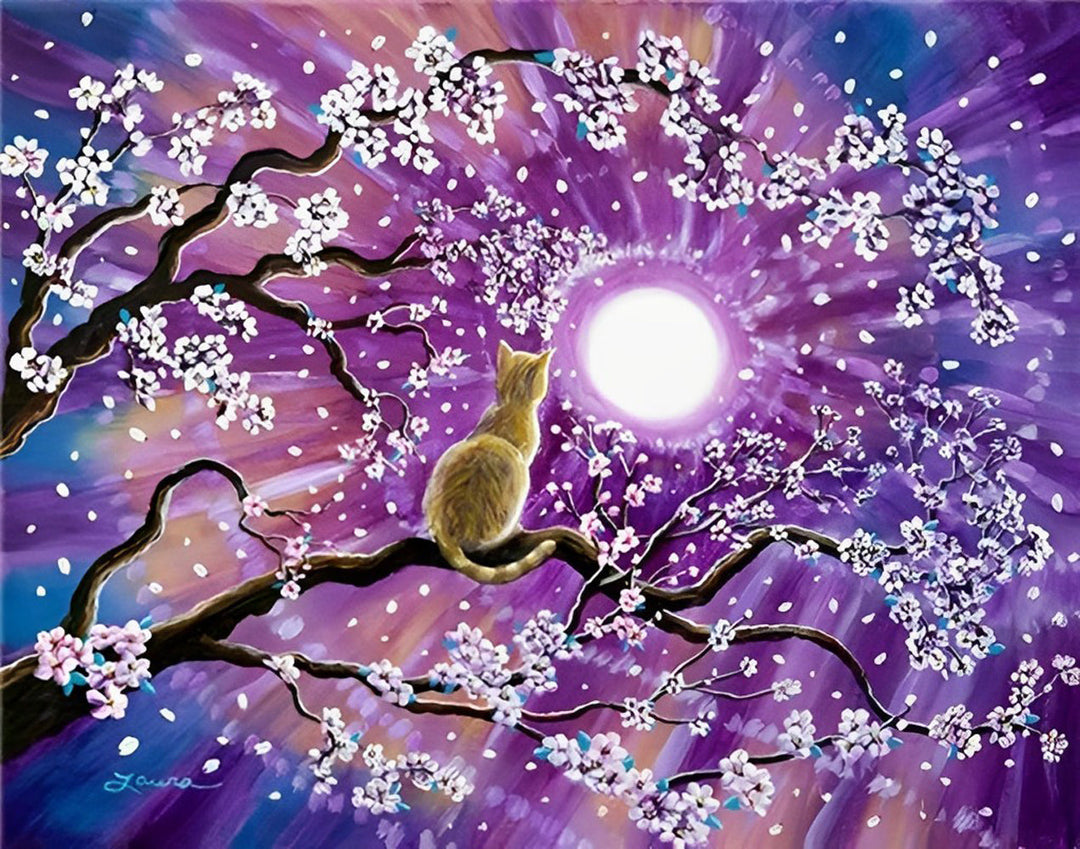 Een Kat in een Boom met Paarse en Witte Bloemen Diamond Painting