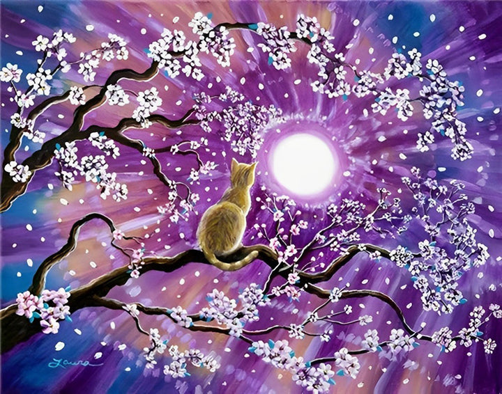 Een Kat in een Boom met Paarse en Witte Bloemen Diamond Painting