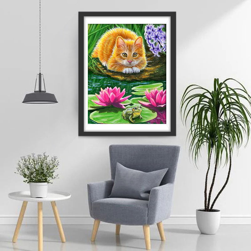 Een Kat Kijkt naar een Kikker bij de Lotusvijver Diamond Painting