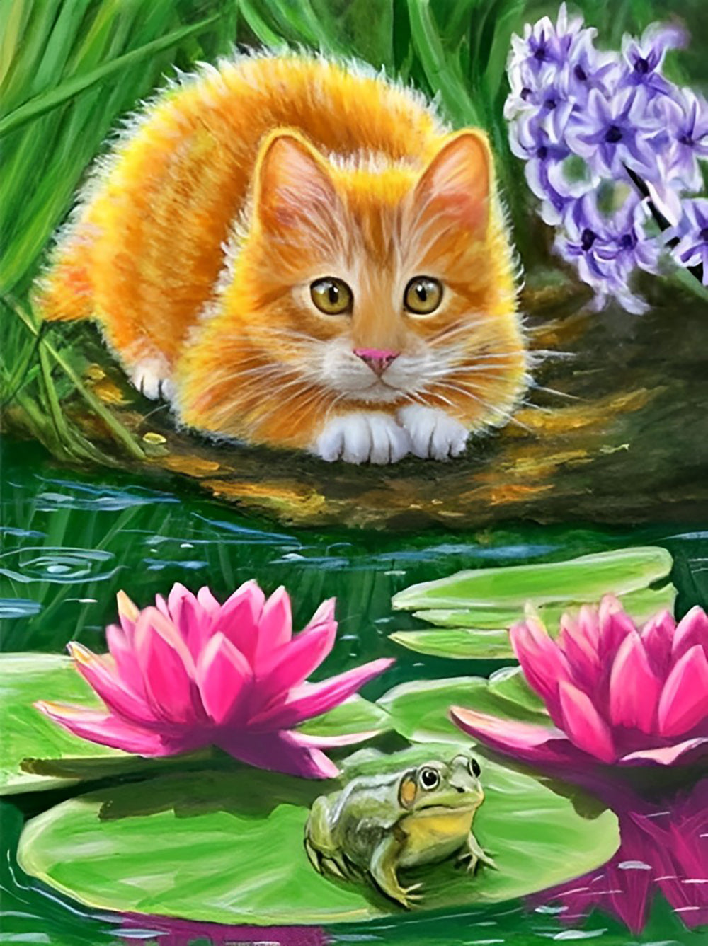 Een Kat Kijkt naar een Kikker bij de Lotusvijver Diamond Painting