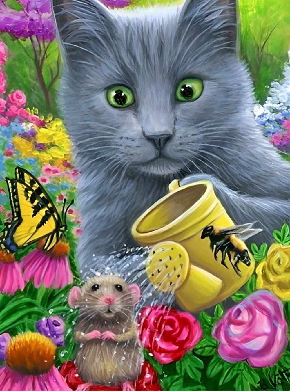 Een Kat Kijkt naar een Muis in de Struik Diamond Painting