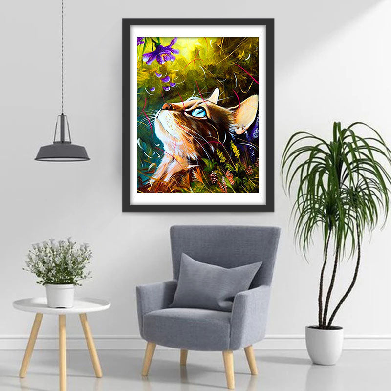 Een Kat Kijkt naar Paarse Bloemen Diamond Painting