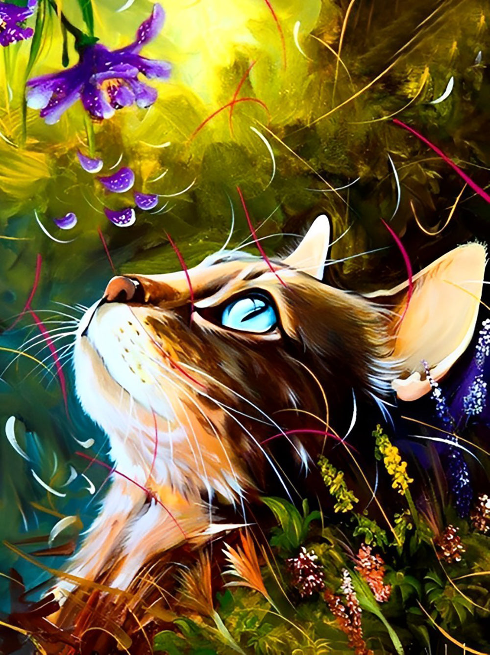 Een Kat Kijkt naar Paarse Bloemen Diamond Painting