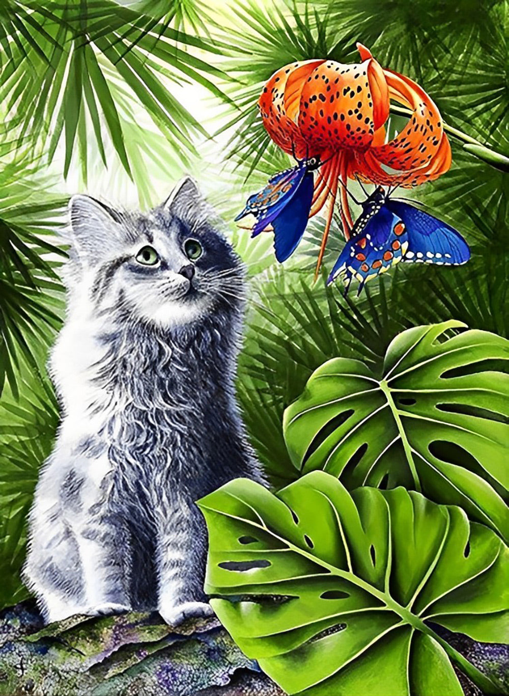 Een Kat Kijkt naar Twee Vlinders die Honing Verzamelen Diamond Painting