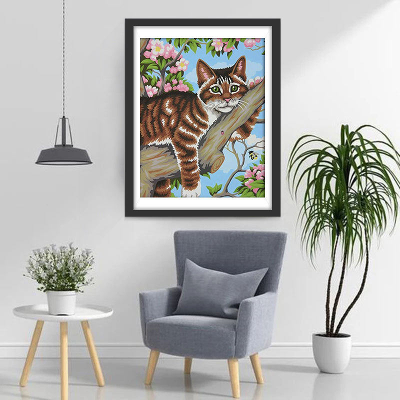 Een Kat Liggend op een Perzikbloesemboom Diamond Painting