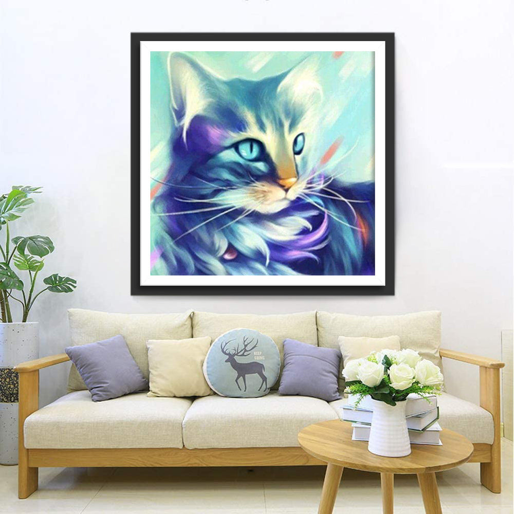 Een Kat met een Blauw-Paarse Vachtmix Diamond Painting
