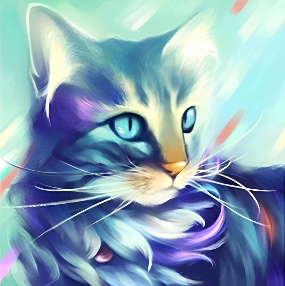 Een Kat met een Blauw-Paarse Vachtmix Diamond Painting
