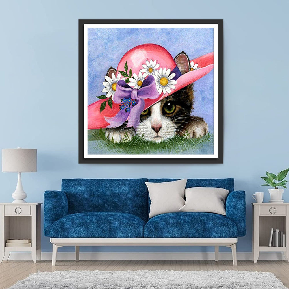 Een Kat met een Bloemenhoed Diamond Painting