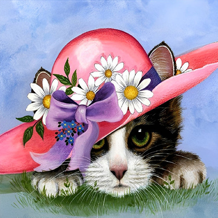 Een Kat met een Bloemenhoed Diamond Painting