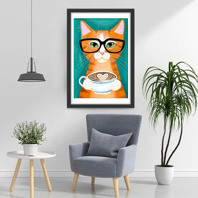 Een Kat met een Bril die een Koffie Vasthoudt Diamond Painting
