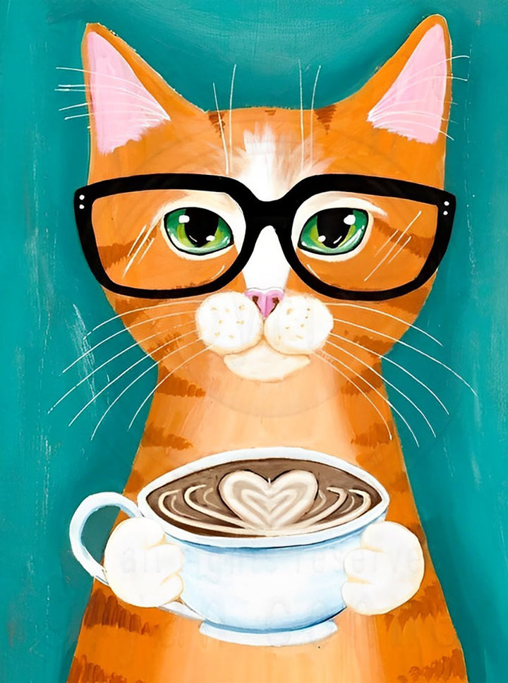 Een Kat met een Bril die een Koffie Vasthoudt Diamond Painting