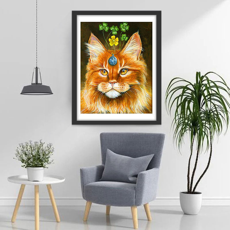 Een Kat met een Klavertjevier als Versiering Diamond Painting