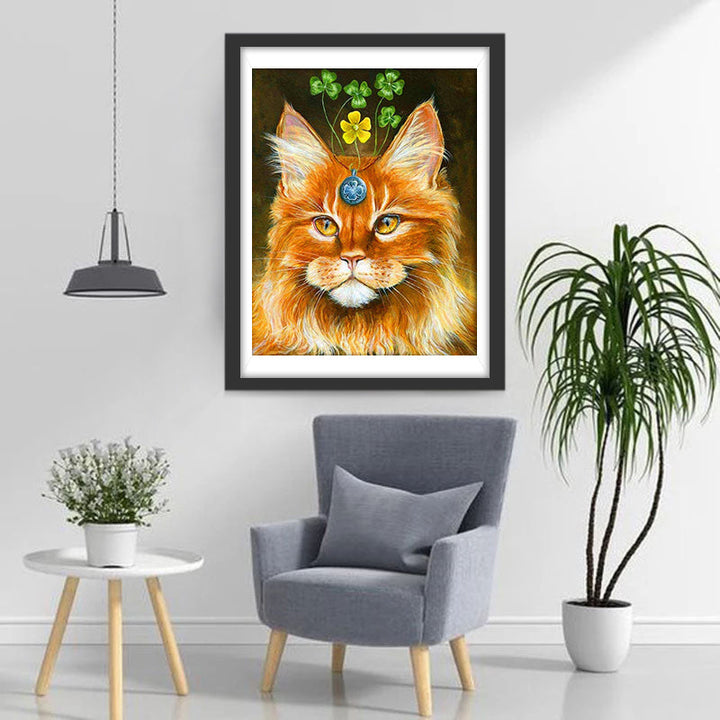 Een Kat met een Klavertjevier als Versiering Diamond Painting