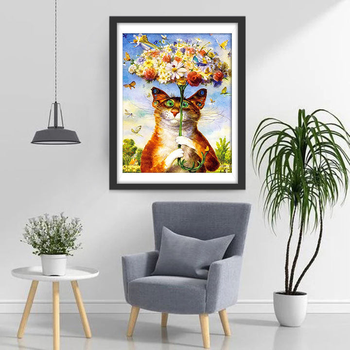 Een Kat met een Paraplu van Bloemen Diamond Painting