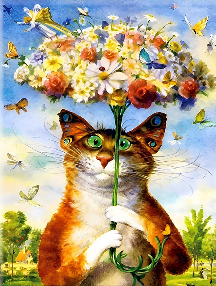 Een Kat met een Paraplu van Bloemen Diamond Painting