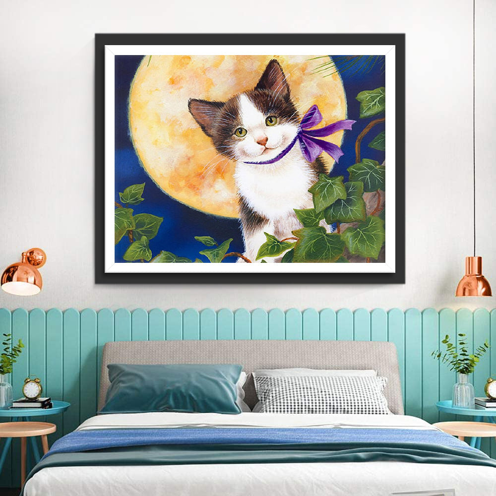 Een Kat met een zijden Sjaal bij Volle Maan Diamond Painting