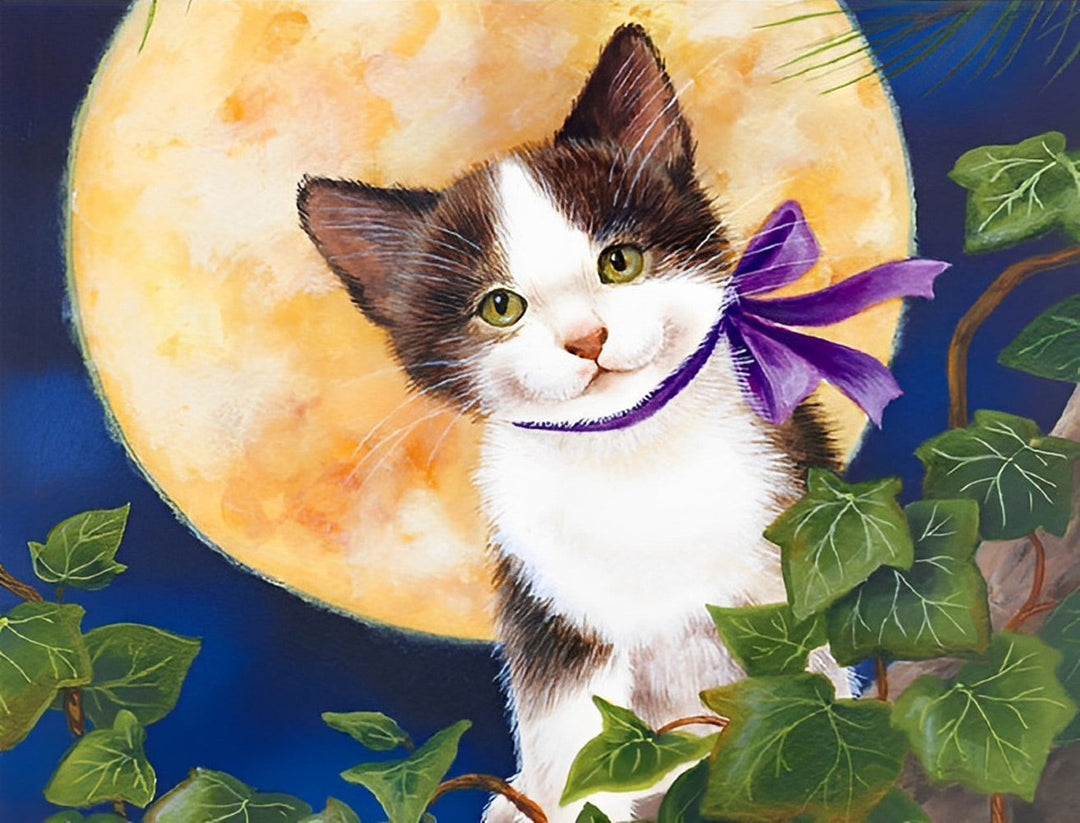 Een Kat met een zijden Sjaal bij Volle Maan Diamond Painting