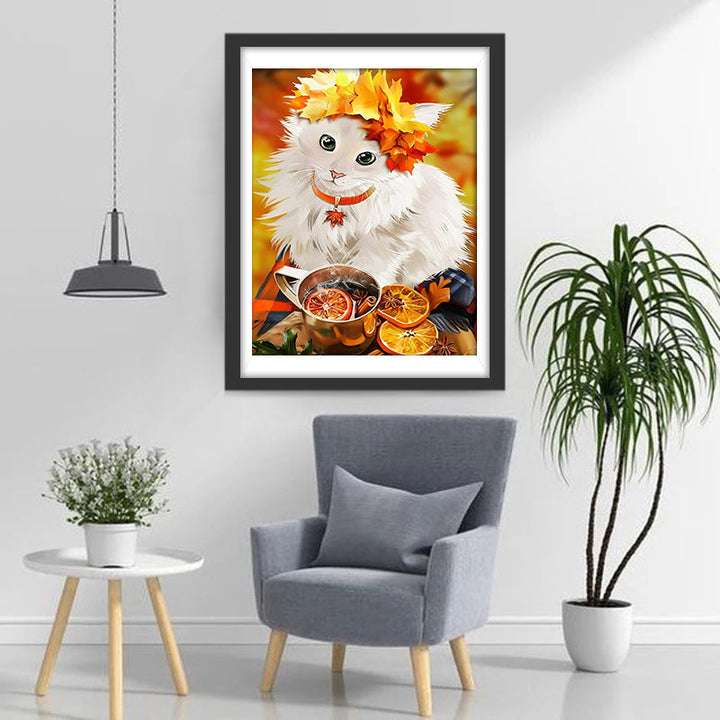 Een Kat met Esdoornbladeren op zijn Hoofd Maakt Thee Diamond Painting
