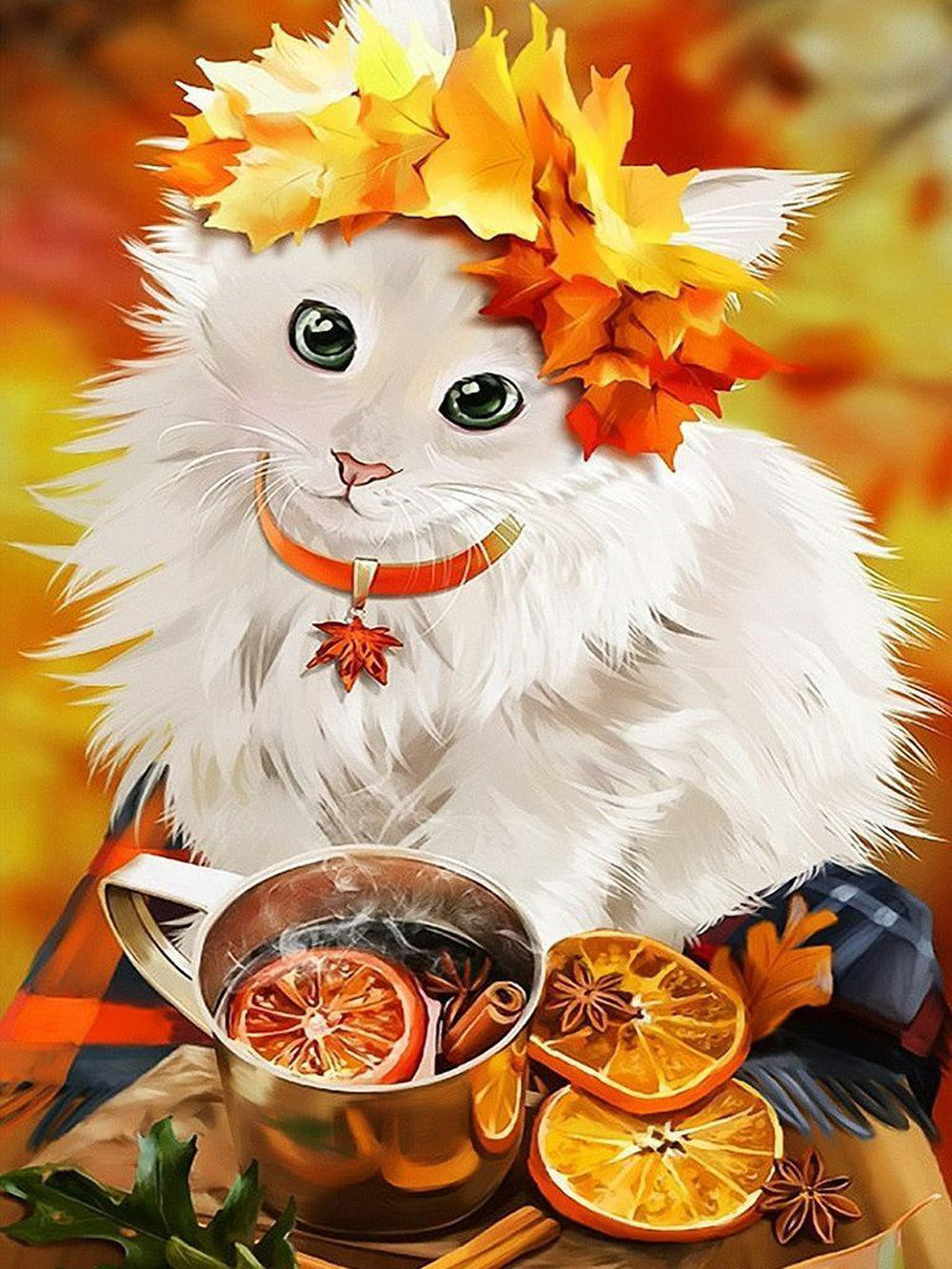 Een Kat met Esdoornbladeren op zijn Hoofd Maakt Thee Diamond Painting