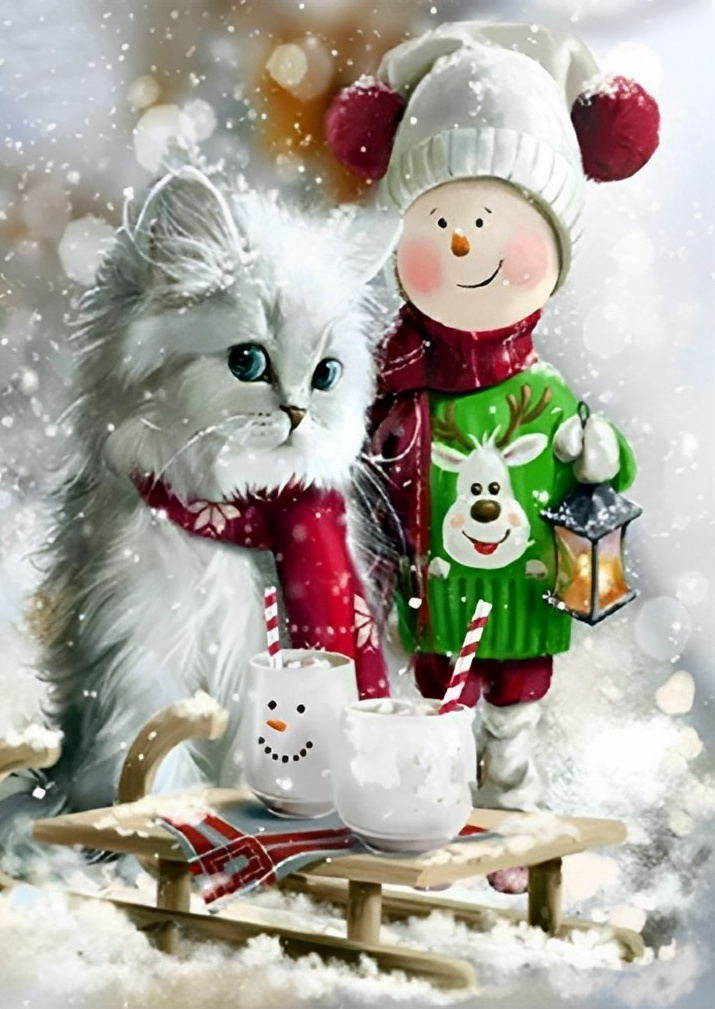 Een Kat met Kerstaccessoires en een Cartoonpersonage Diamond Painting