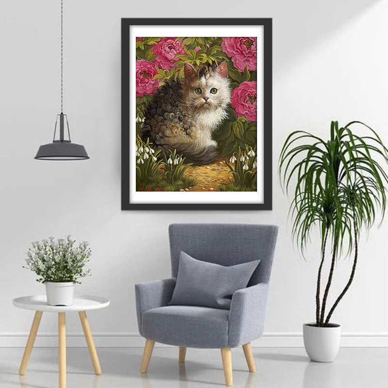Een Kat met Krullend Haar in een Pioenrozenstruik Diamond Painting