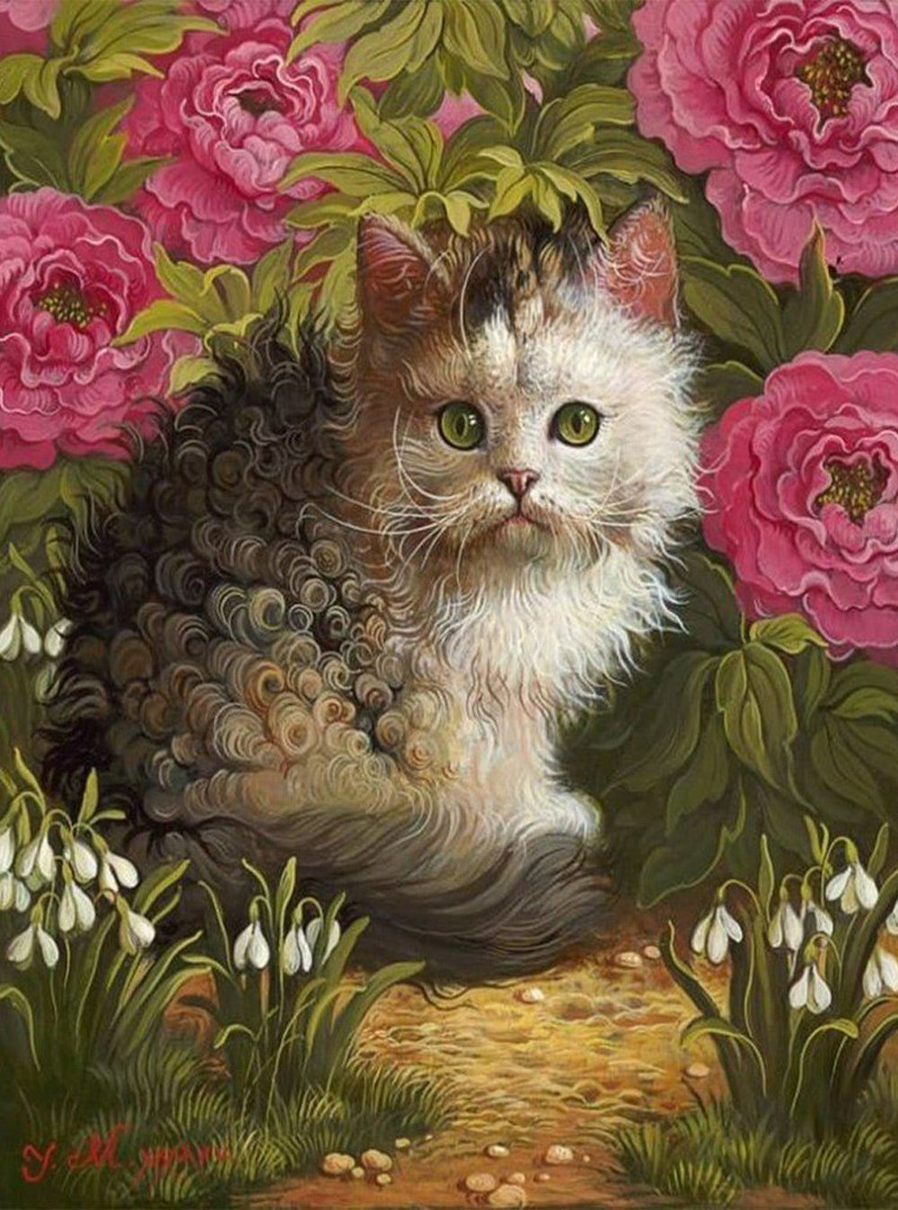 Een Kat met Krullend Haar in een Pioenrozenstruik Diamond Painting