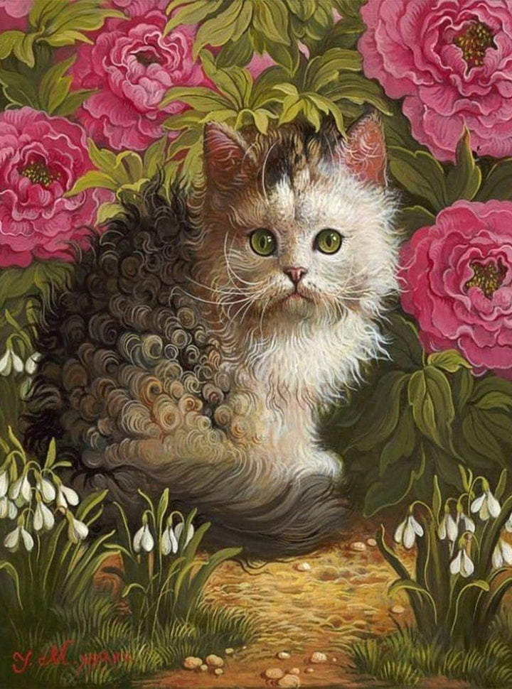 Een Kat met Krullend Haar in een Pioenrozenstruik Diamond Painting