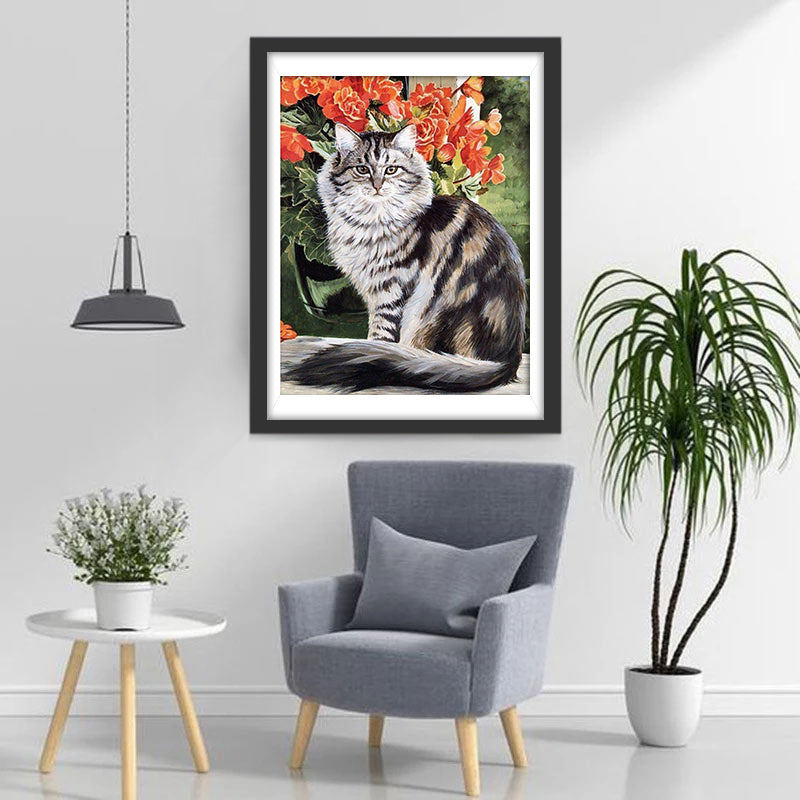 Een Kat naast de Rode Bloemen Diamond Painting