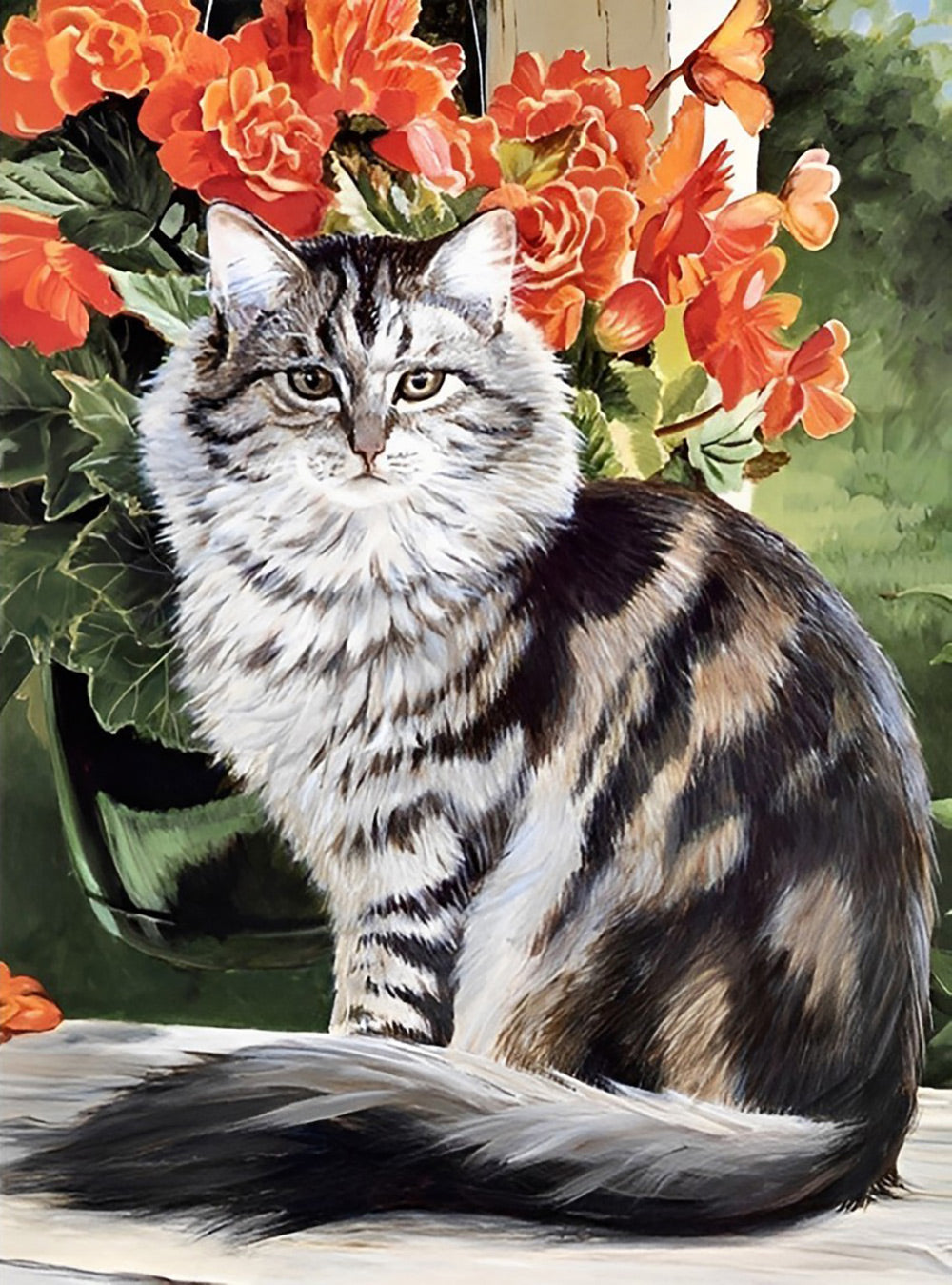 Een Kat naast de Rode Bloemen Diamond Painting