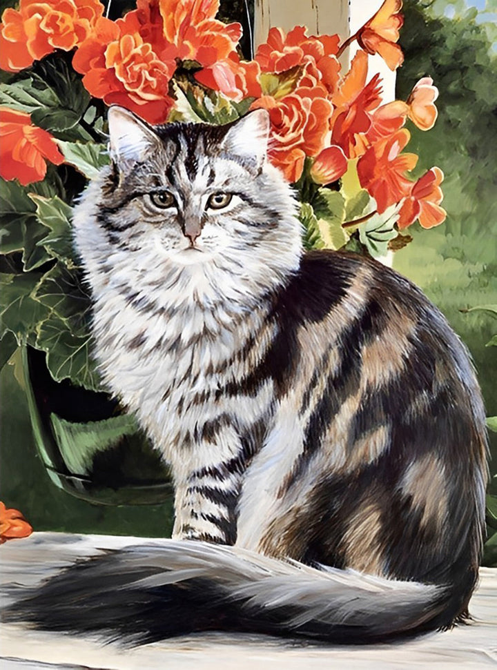 Een Kat naast de Rode Bloemen Diamond Painting