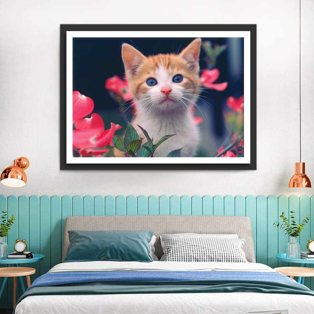 Een Kat omringd door Roze Bloemen Diamond Painting