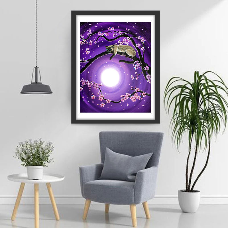 Een Kat onder een Paarse Boom Diamond Painting