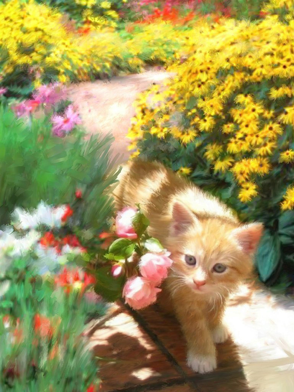 Een Kat op het Pad met Bloemen aan Beide Kanten Diamond Painting